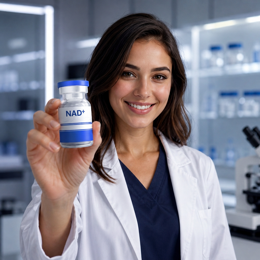 Clinician holding a compounded NAD+ vial