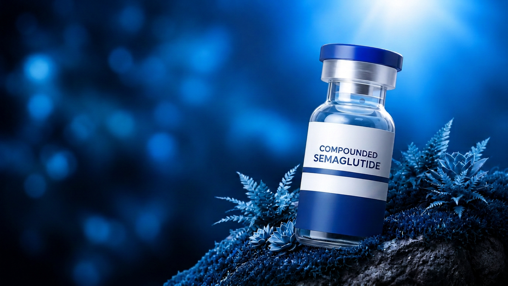 Compounded peptide vial on a naturalistic blue landscape